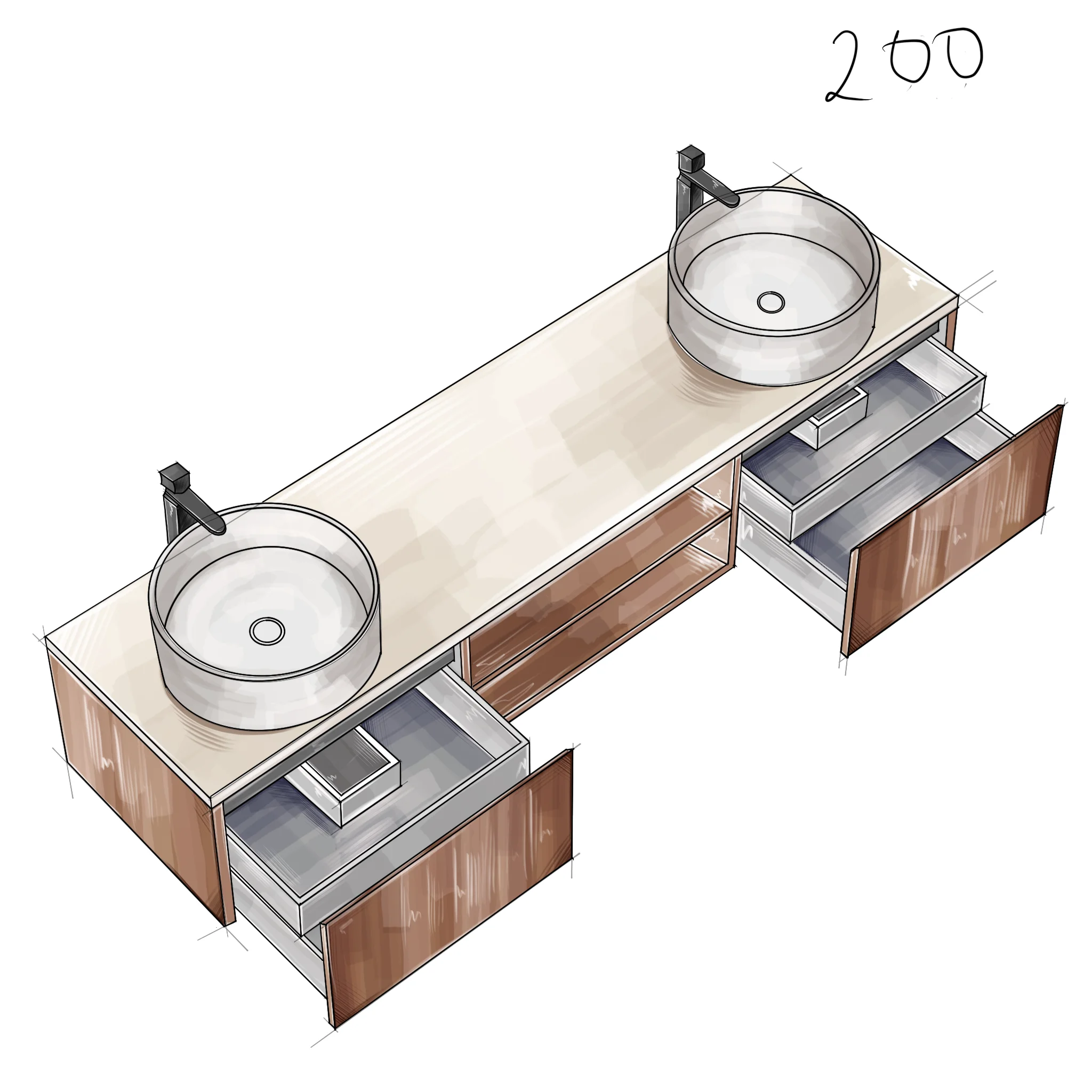 Подвесная тумба со столешницей Salini Domino 200x70 шпон 27D220