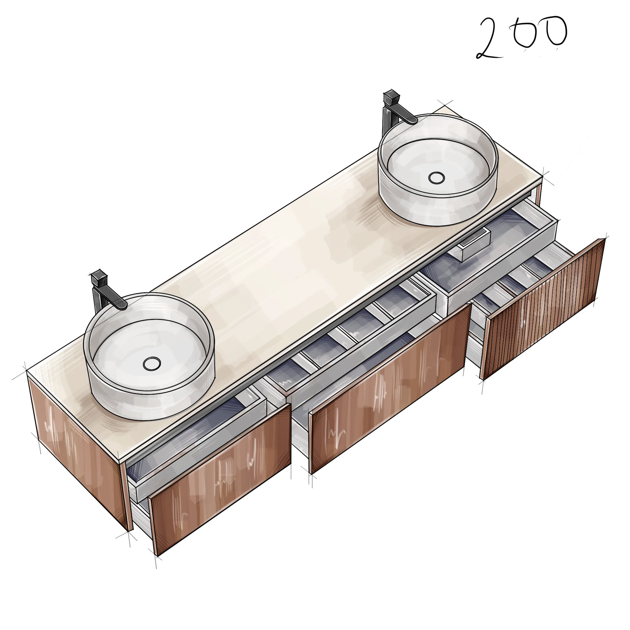 Подвесная тумба со столешницей Salini Domino 200x70 шпон 27D220