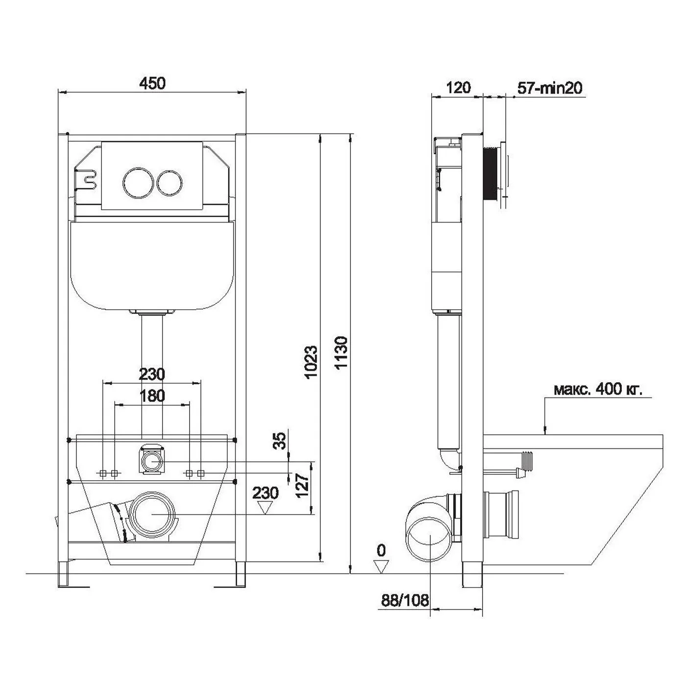 Инсталляция для подвесного унитаза Aquanika Basic 10.702.450.02.05w с крепежом шумоизоляцией и белой кнопкой